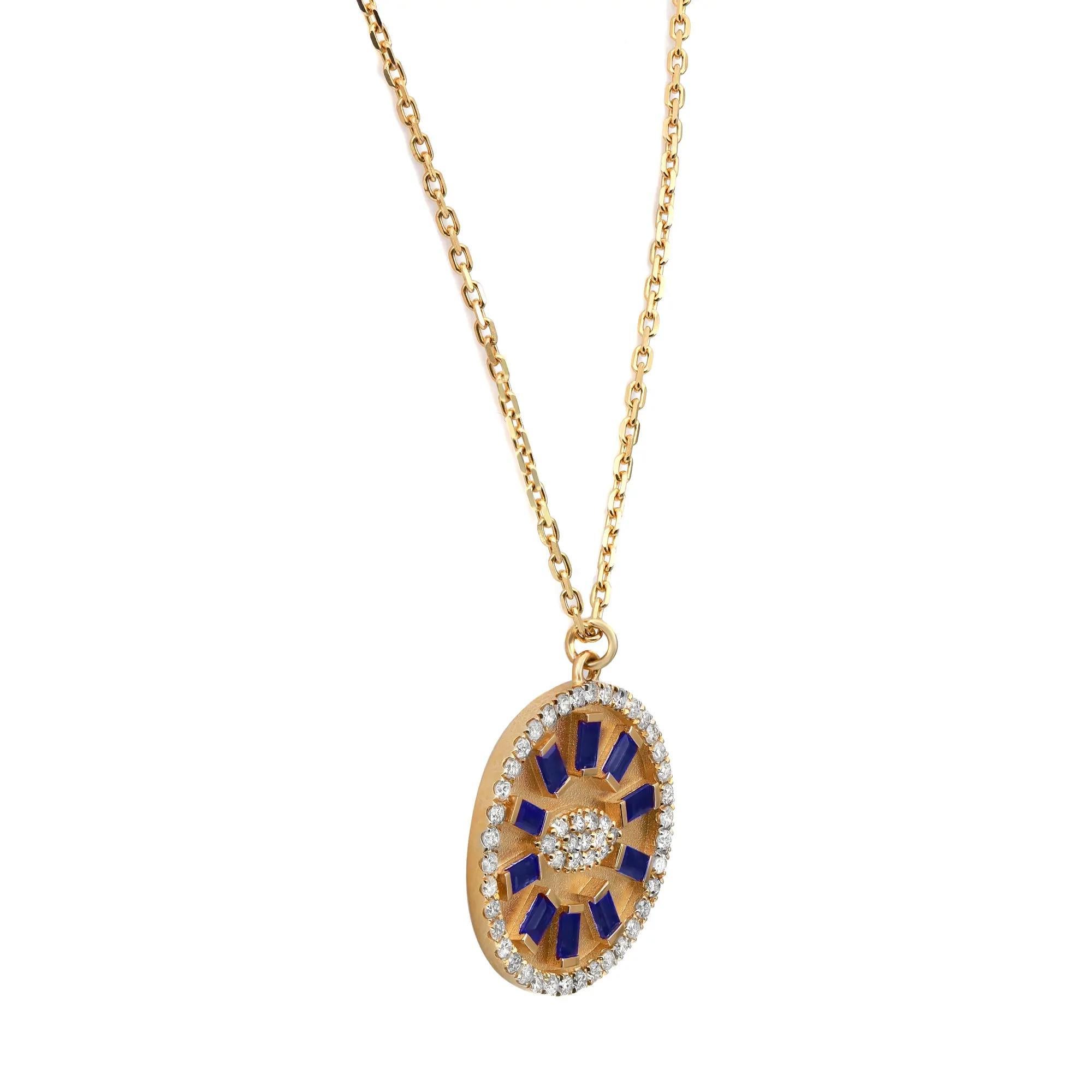 Baguette Cut Diamond & Blue Sapphire Evil Eye Pendant Necklace In 14K Yellow Gold
