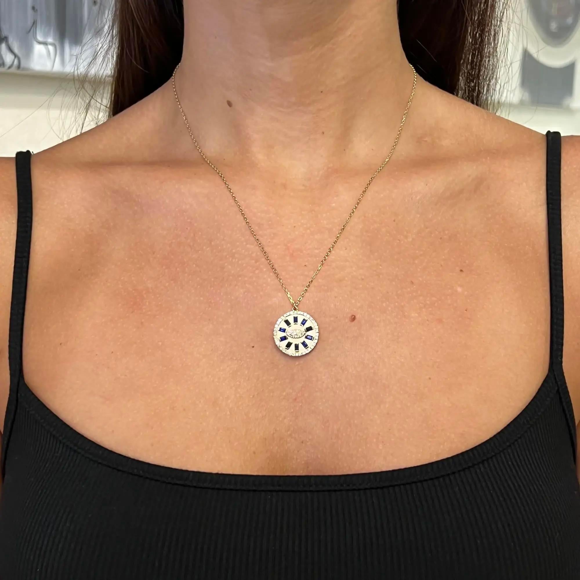 Women's Diamond & Blue Sapphire Evil Eye Pendant Necklace In 14K Yellow Gold   For Sale