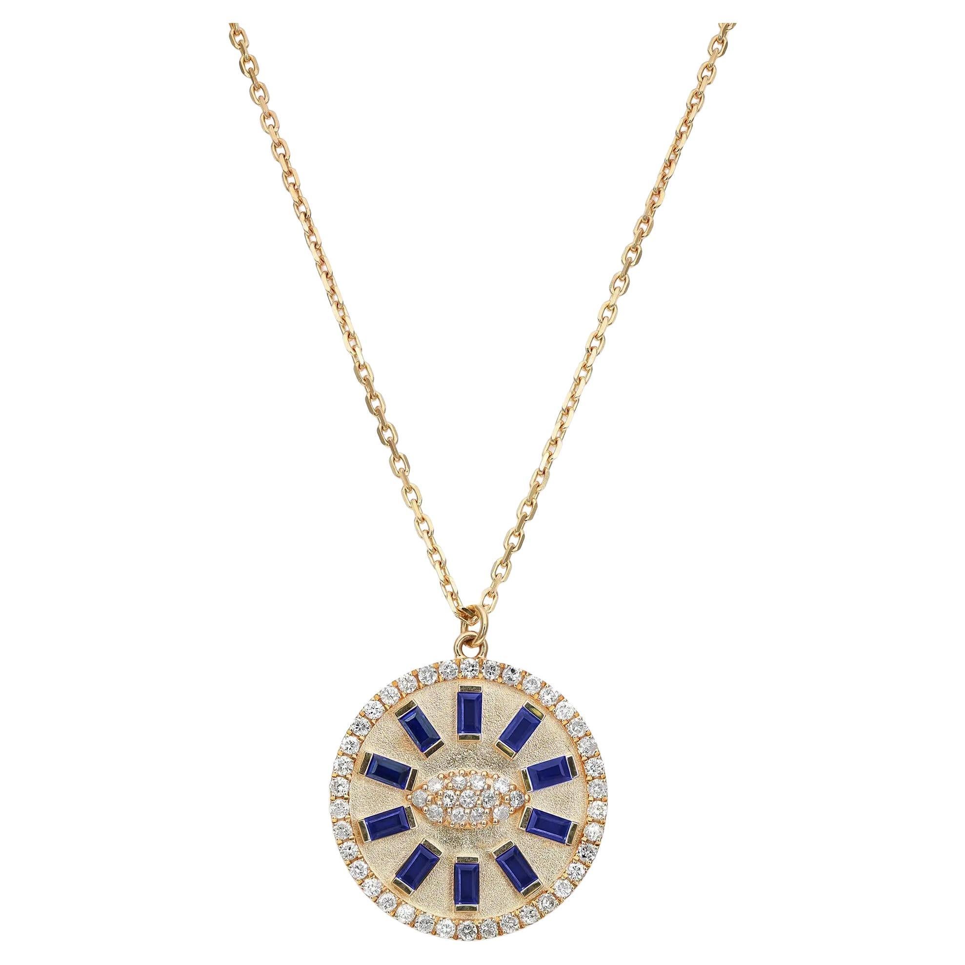 Collier pendentif œil du mal en or jaune 14K avec diamants et saphirs bleus  