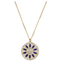 Halskette mit Diamant- und blauem Saphir- Evil Eye-Anhänger aus 14 Karat Gelbgold  