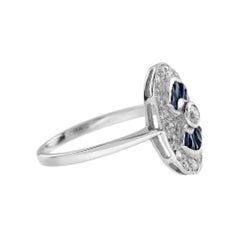 Diamond & Blue Sapphire Fan Art Deco Style Oval Shaped 14K White Gold Ring