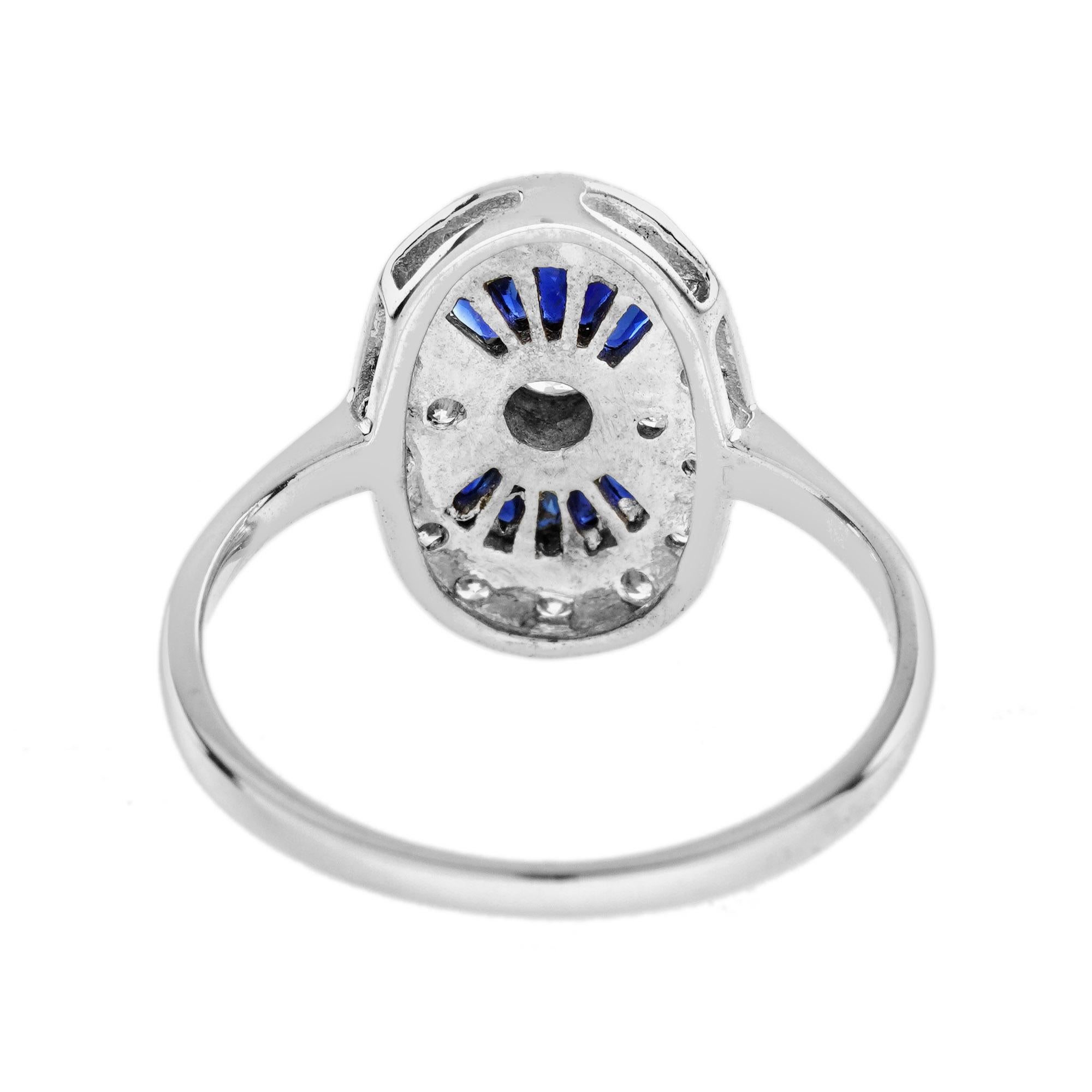 Taille ronde Bague en or blanc 14K avec diamant et saphir bleu en forme d'éventail de style Art déco et de forme ovale en vente