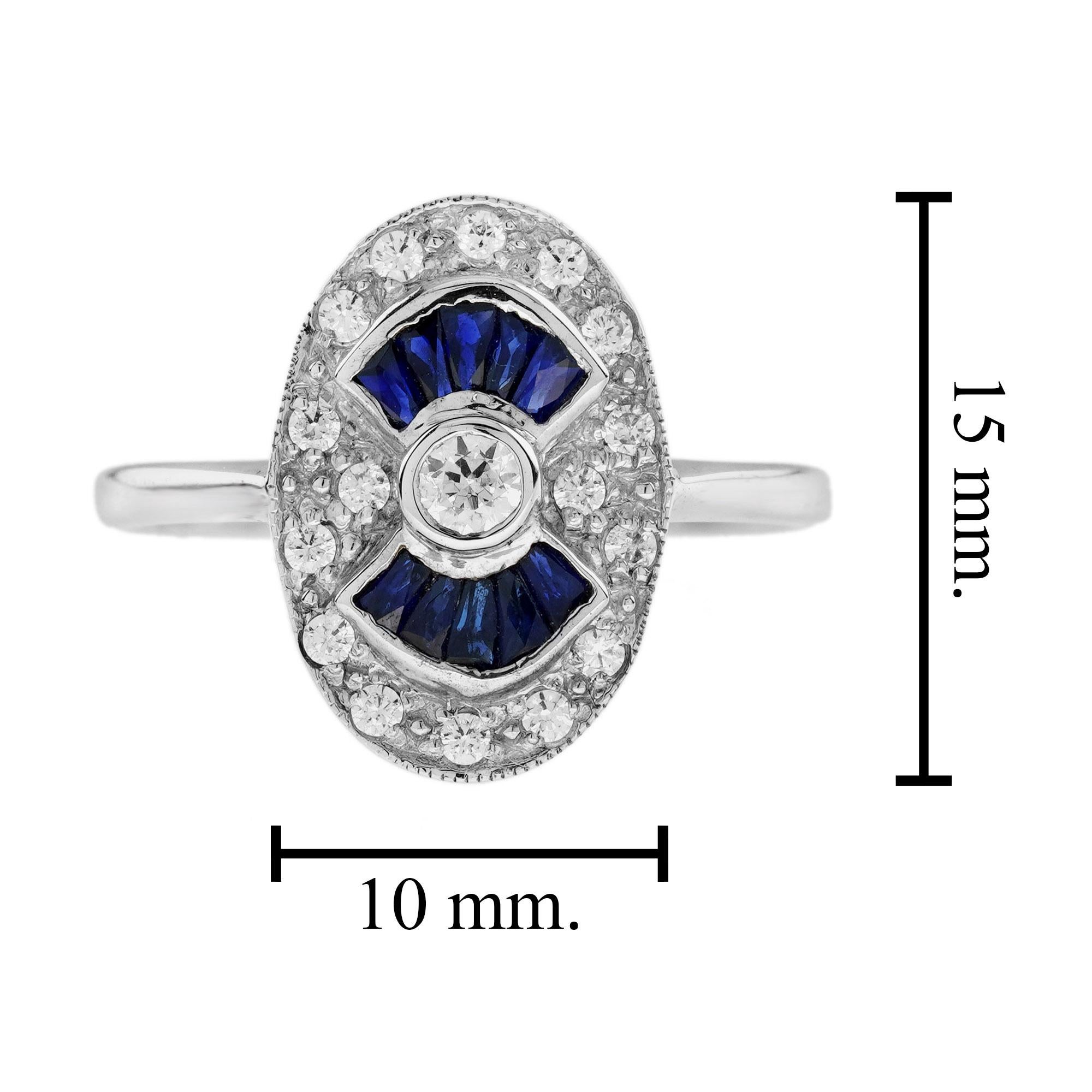 Bague en or blanc 14K avec diamant et saphir bleu en forme d'éventail de style Art déco et de forme ovale Unisexe en vente