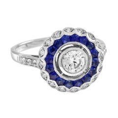 Diamant & Blauer Saphir Fancy Cut Art Deco Stil Aussage 14K Weißgold Ring