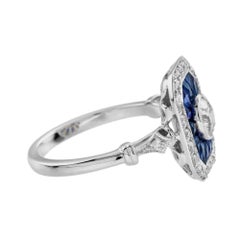 Diamond & Blue Sapphire Fancy Cut Halo Art Deco Style Engagement White Gold Ring