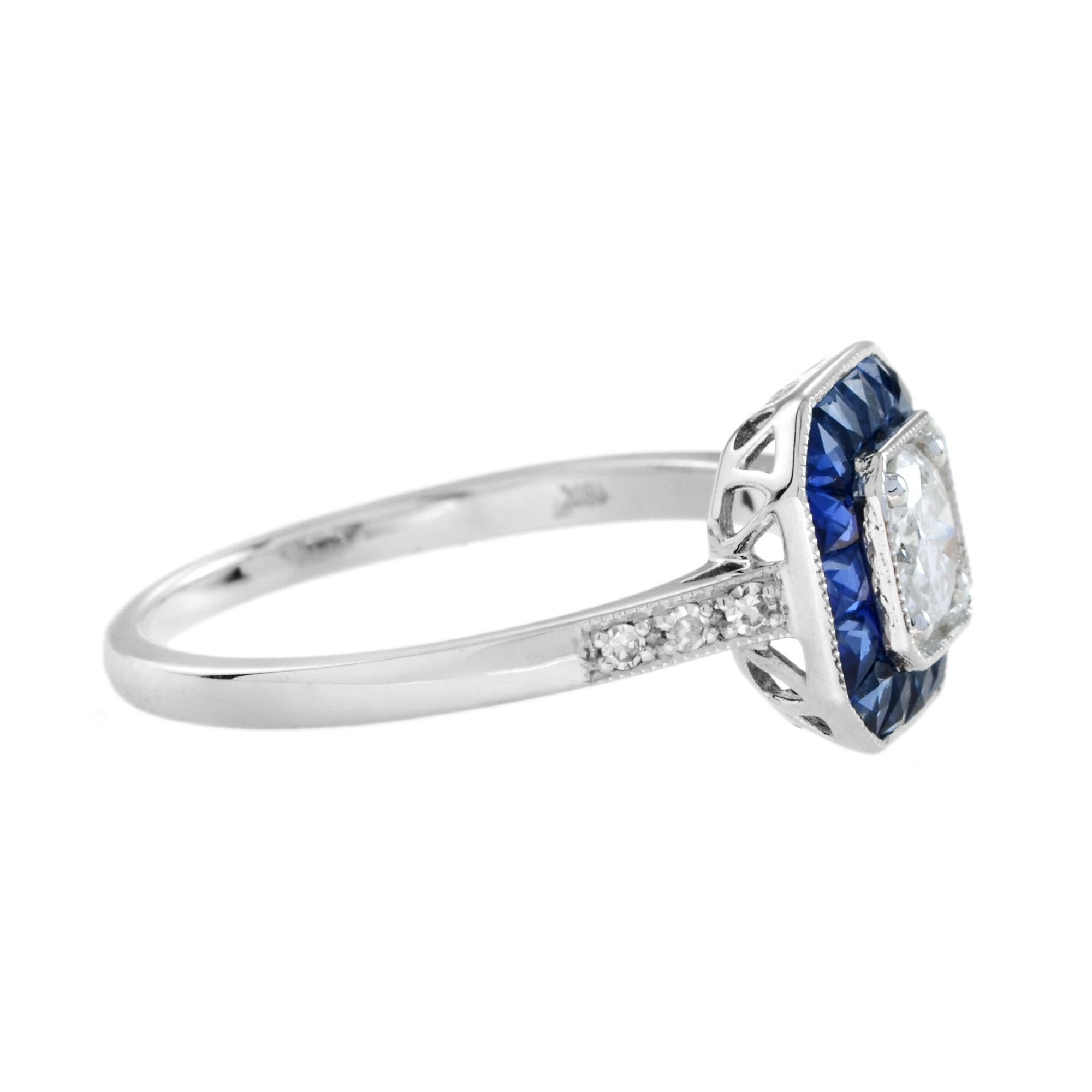 Anillo de compromiso de oro blanco con diamante y zafiro azul talla fantasía halo estilo art déco Art Decó en venta
