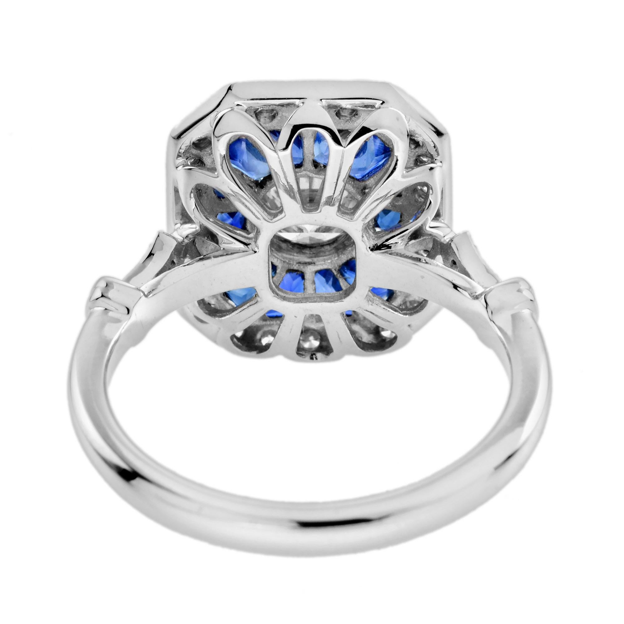 Taille ronde Bague de fiançailles en or blanc, diamant et saphir bleu, halo de style Art déco en vente