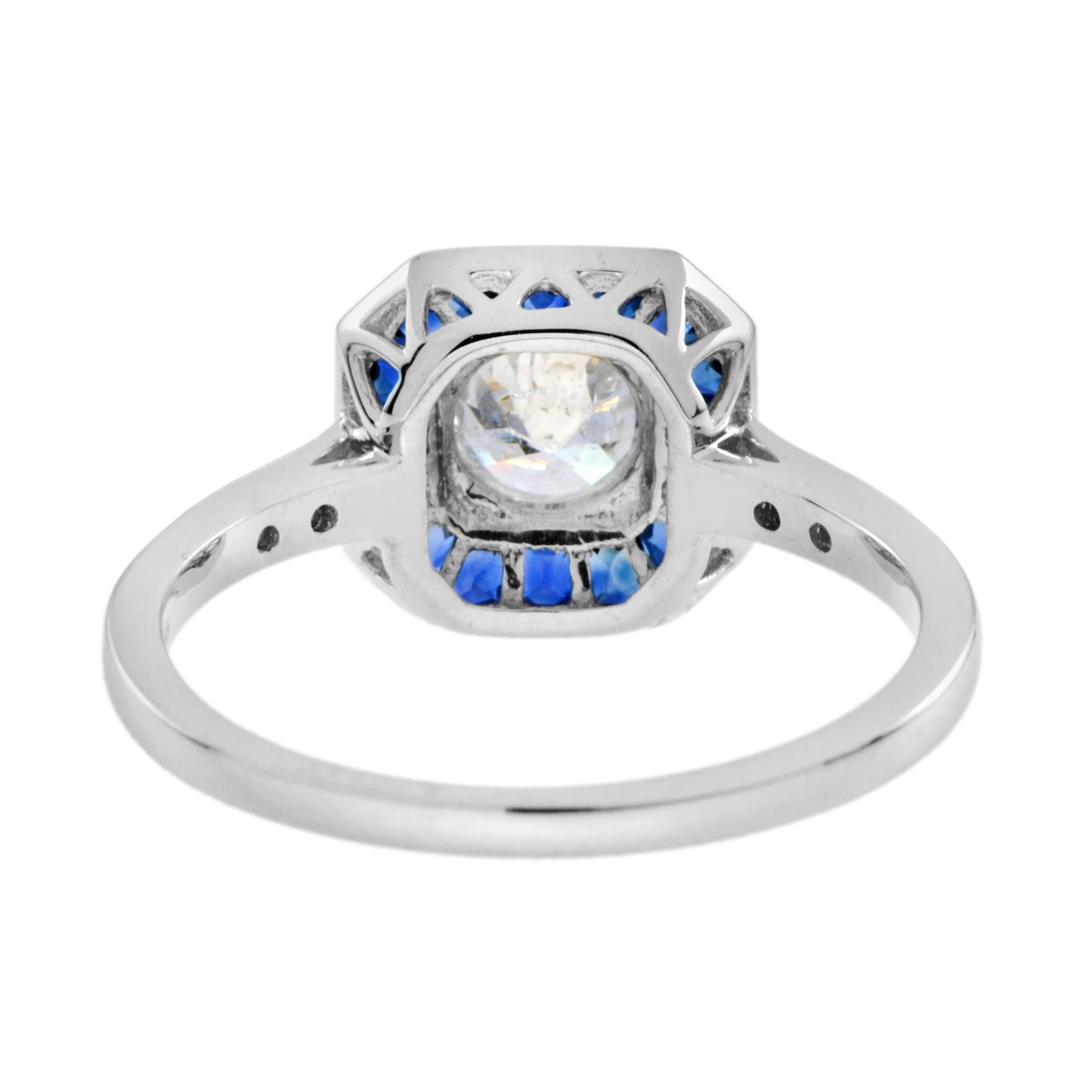 Anillo de compromiso de oro blanco con diamante y zafiro azul talla fantasía halo estilo art déco Corte redondo en venta