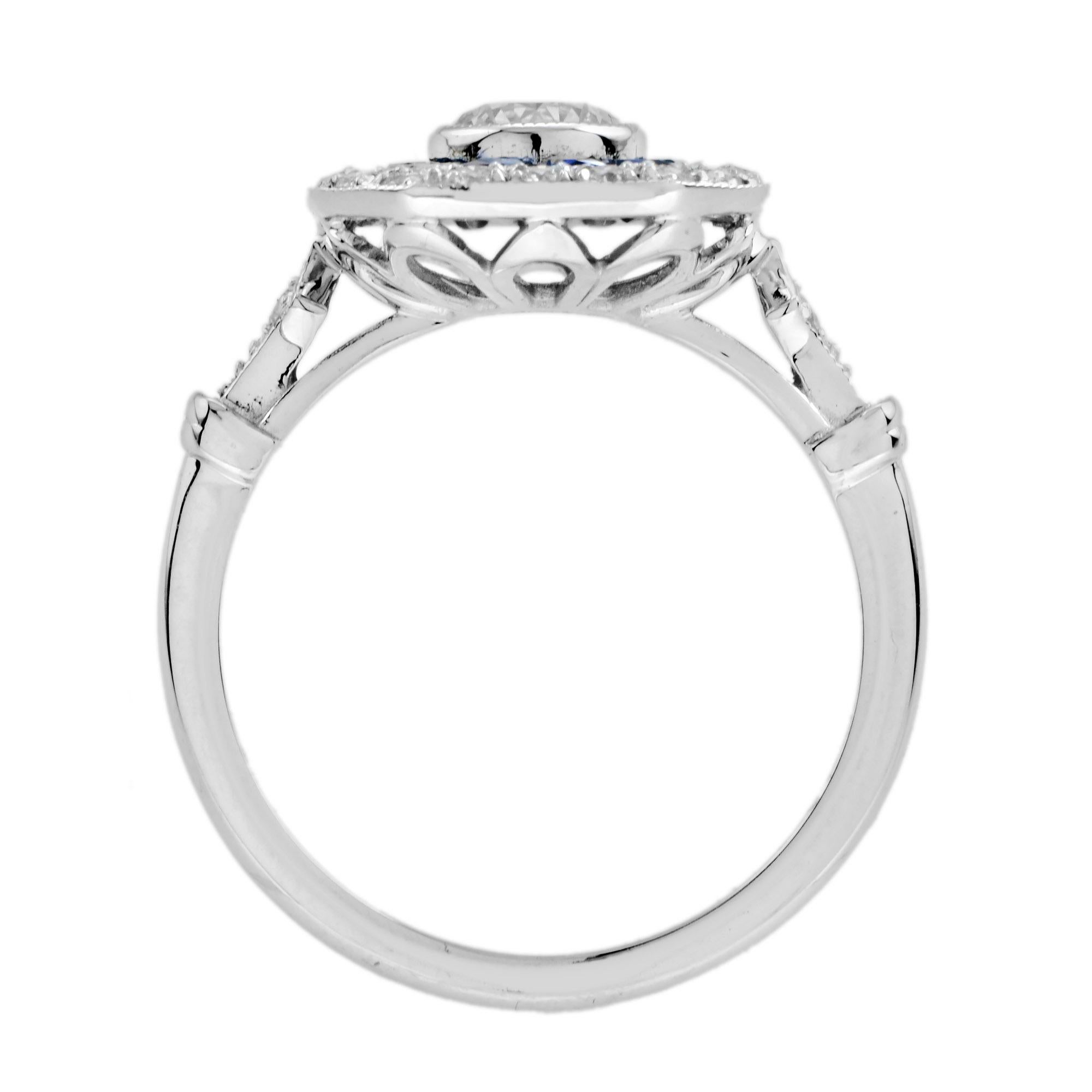 Bague de fiançailles en or blanc, diamant et saphir bleu, halo de style Art déco Neuf - En vente à Oakton, VA