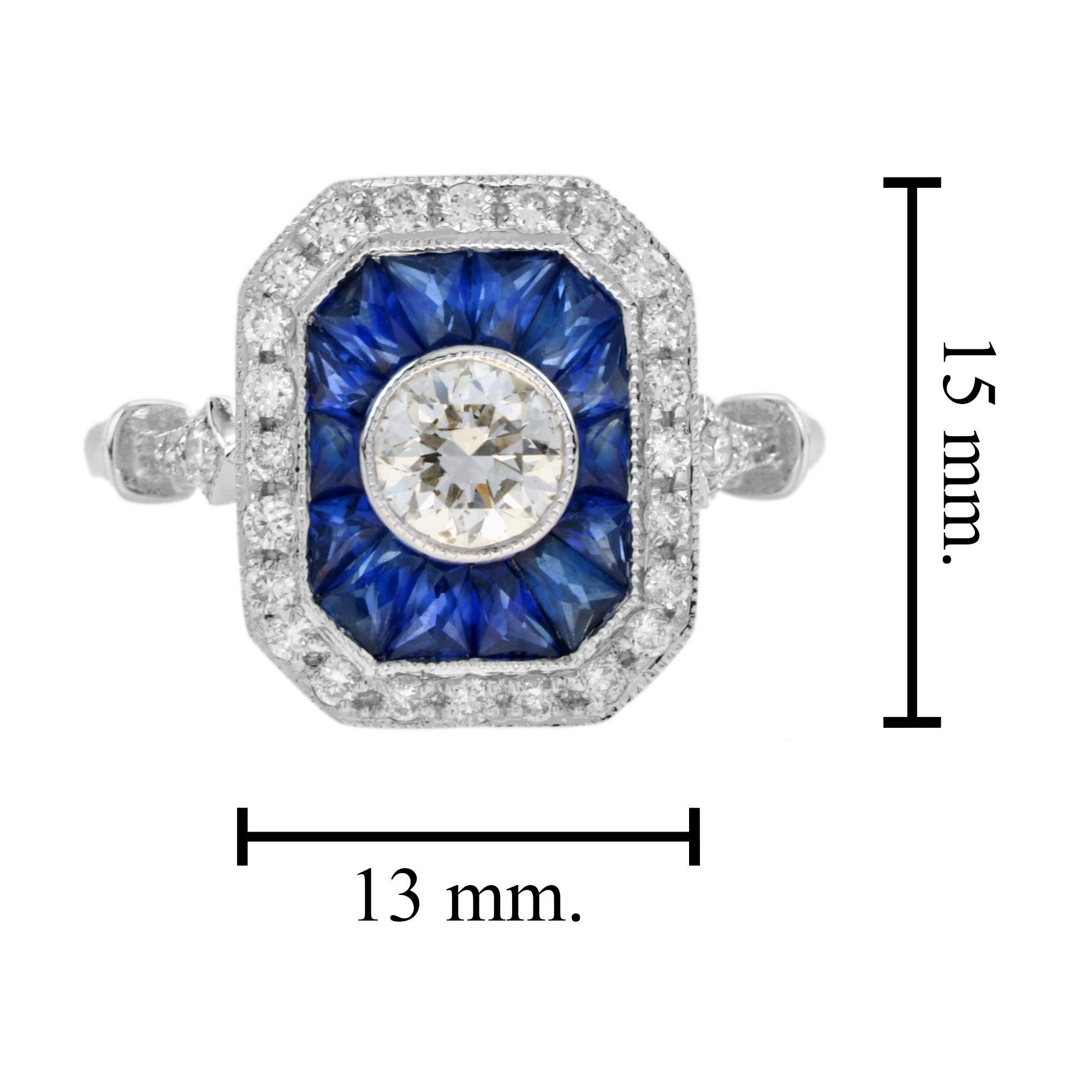Bague de fiançailles en or blanc, diamant et saphir bleu, halo de style Art déco en vente 2