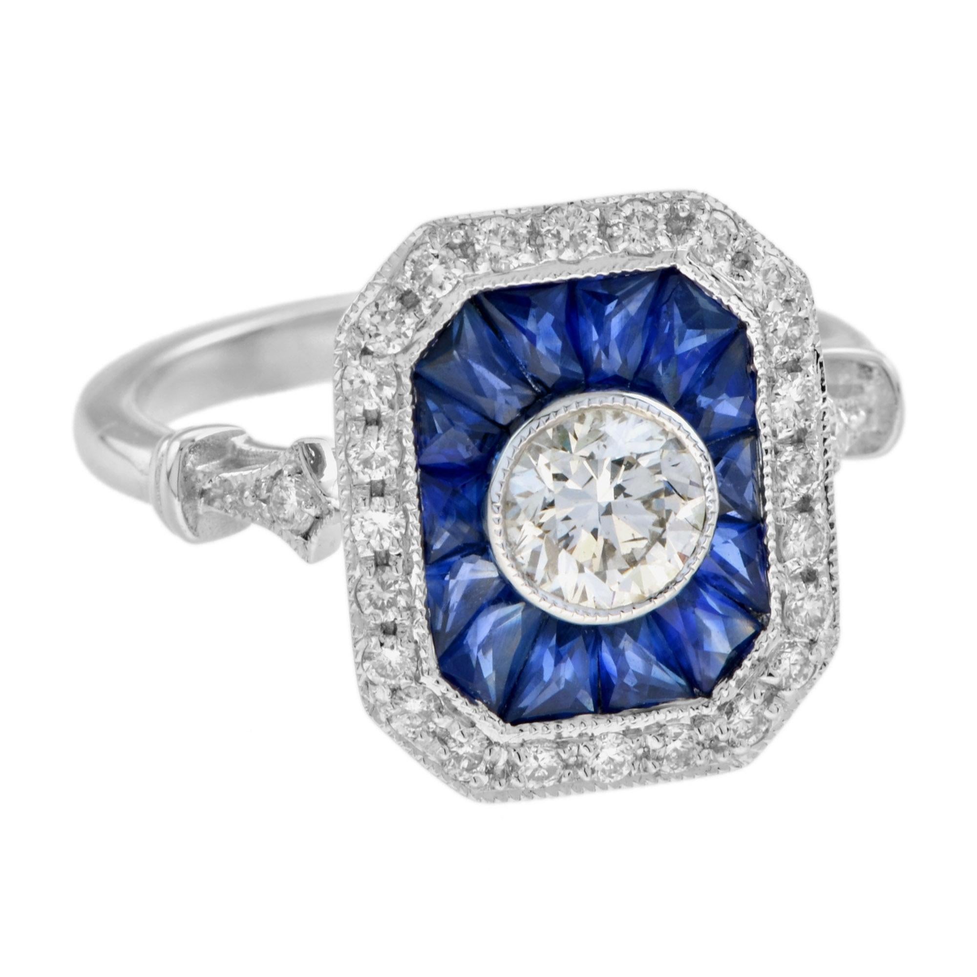 Bague de fiançailles en or blanc, diamant et saphir bleu, halo de style Art déco en vente 4