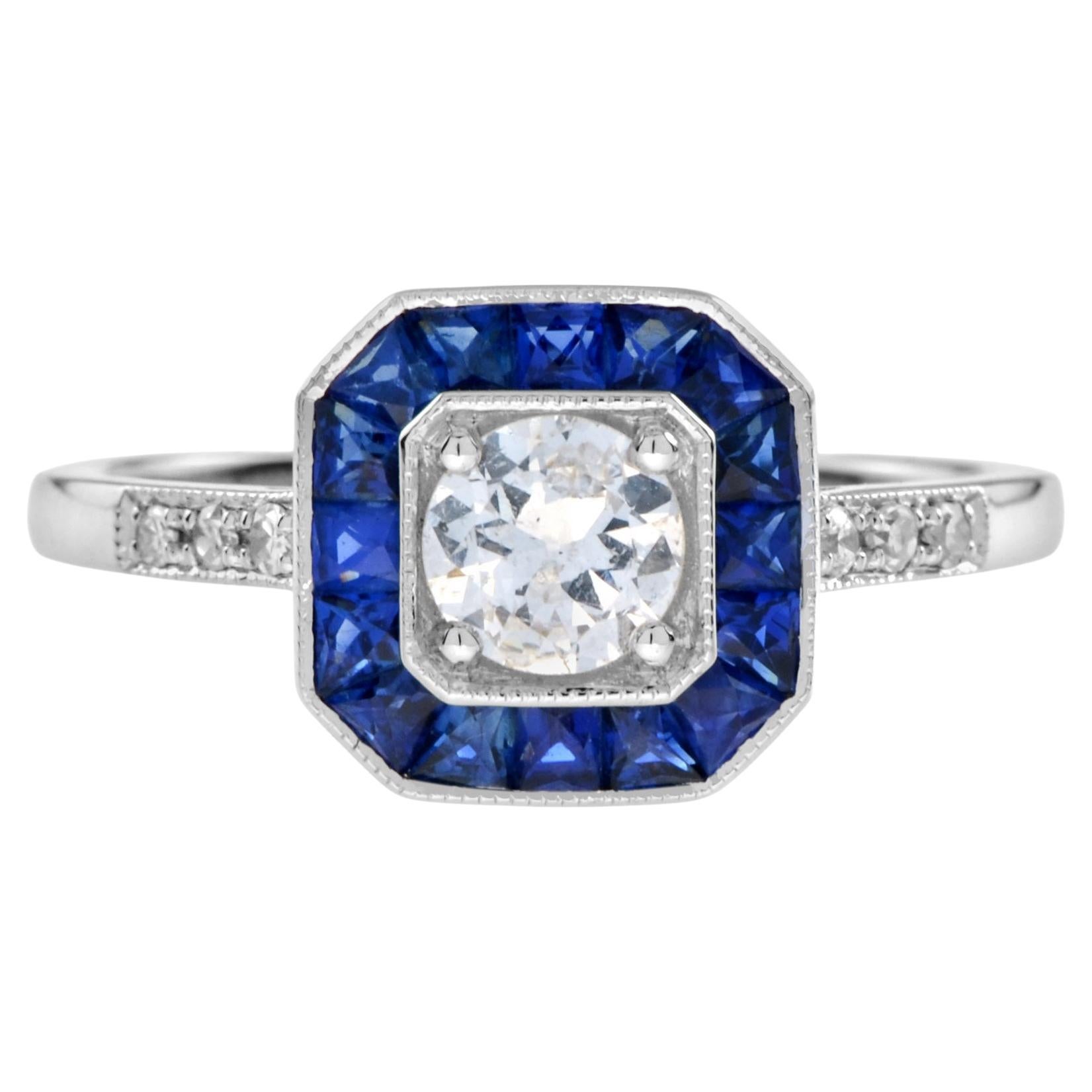 Anillo de compromiso de oro blanco con diamante y zafiro azul talla fantasía halo estilo art déco