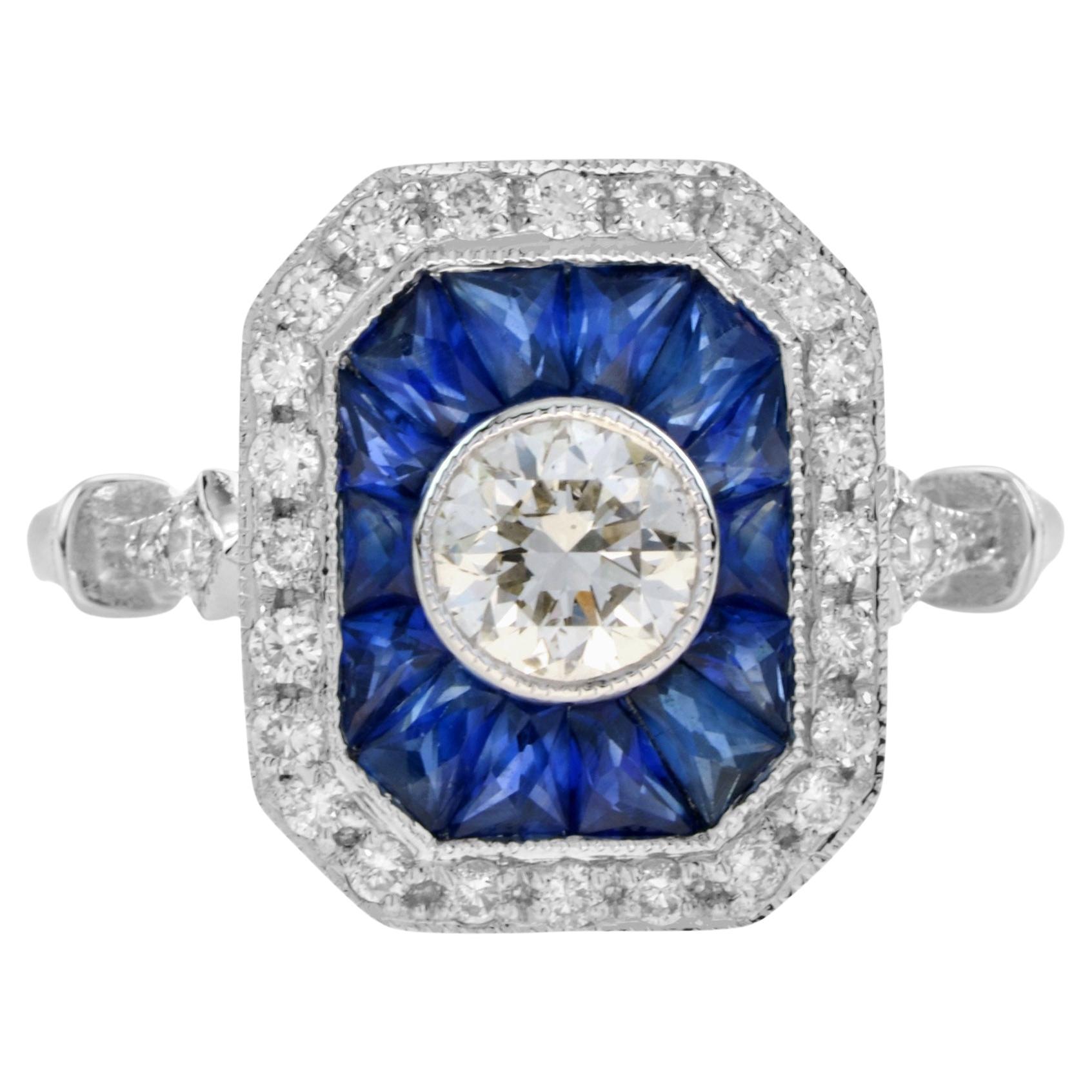 Bague de fiançailles en or blanc, diamant et saphir bleu, halo de style Art déco
