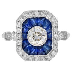 Bague de fiançailles en or blanc, diamant et saphir bleu, halo de style Art déco