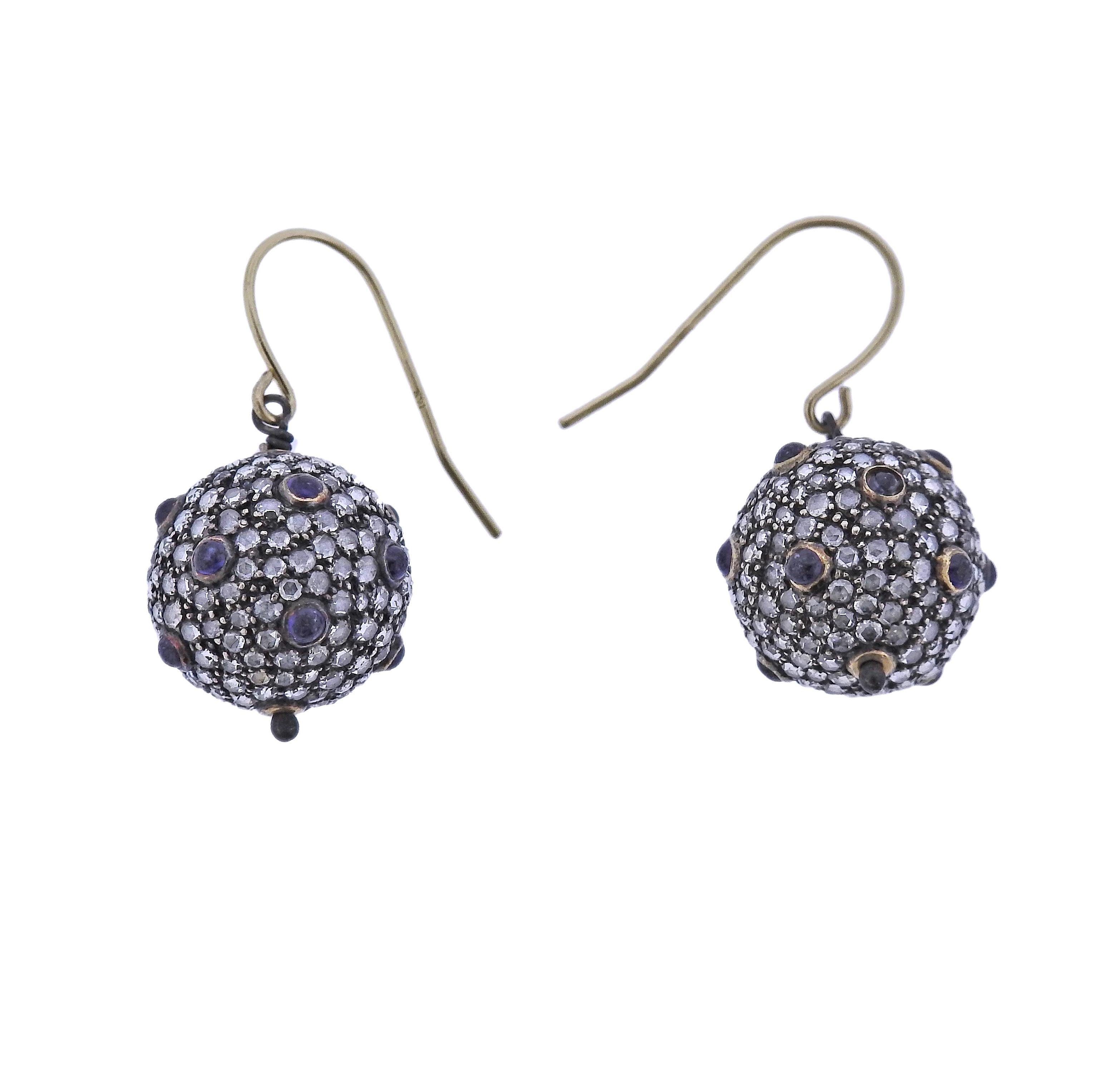 Pair of 14k gold and silver ball drop earrings, set with blue sapphire cabochons and rose cut diamonds - approx. 1.00ctw. Earrings are 29mm long with wires, balls are 15mm in diameter. Weight - 9 grams.