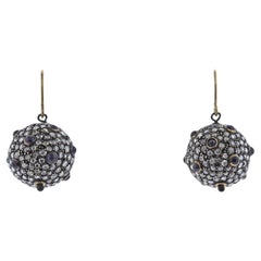 Vintage Diamond Blue Sapphire Gold Silver Ball Drop Earrings