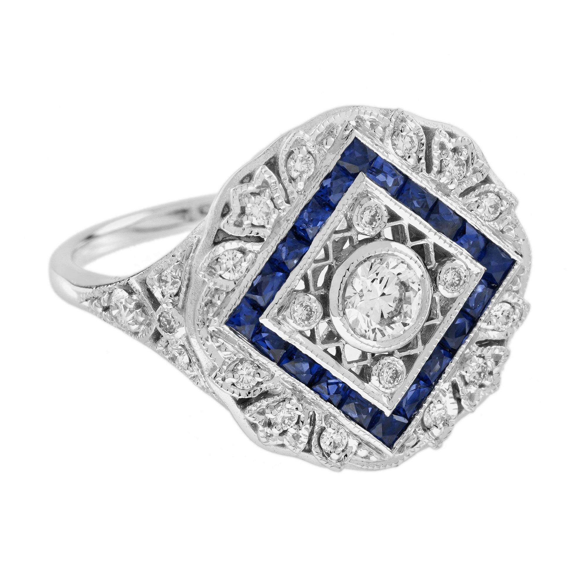 An exquisite Art Deco style diamond and blue sapphire ring, crafted in 18k white gold. This stunning designed ring is encrusted with total of twenty-five round diamonds and twenty French cut blue sapphire, producing a beautiful and bold statement to