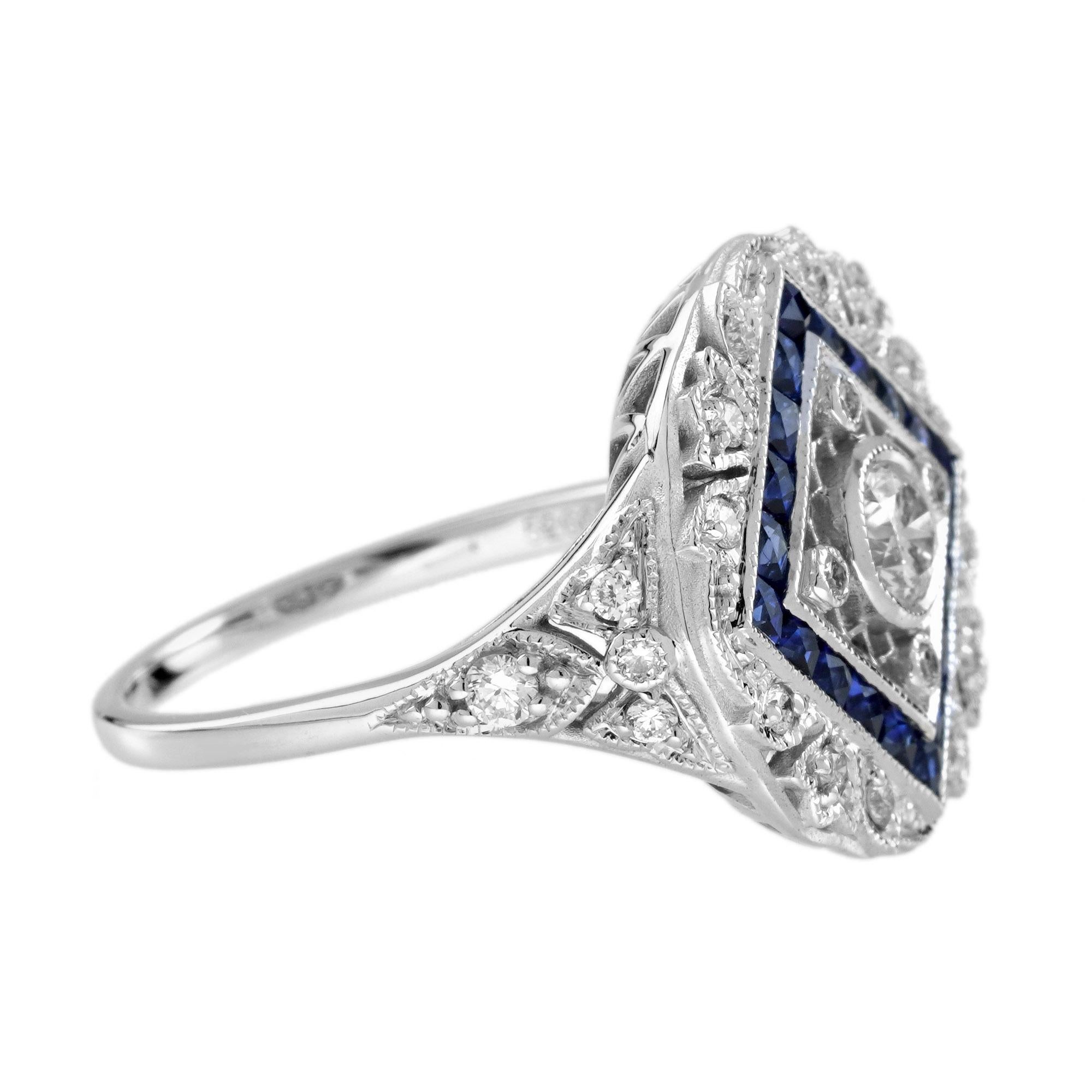 Diamant & Blauer Saphir Halo Art Deco inspiriert Stil 18K Weißgold Schild Ring (Art déco) im Angebot