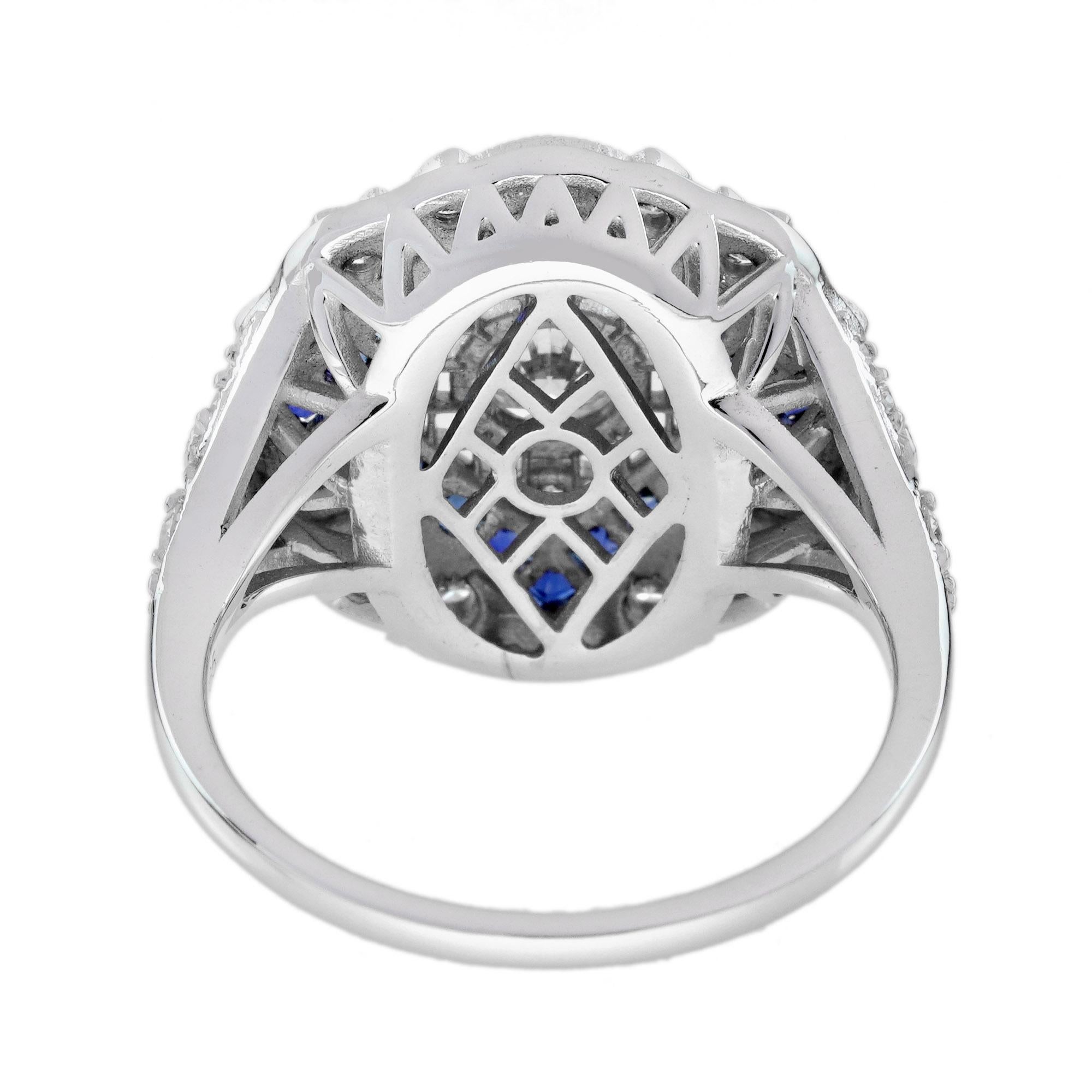 Diamant & Blauer Saphir Halo Art Deco inspiriert Stil 18K Weißgold Schild Ring (Rundschliff) im Angebot