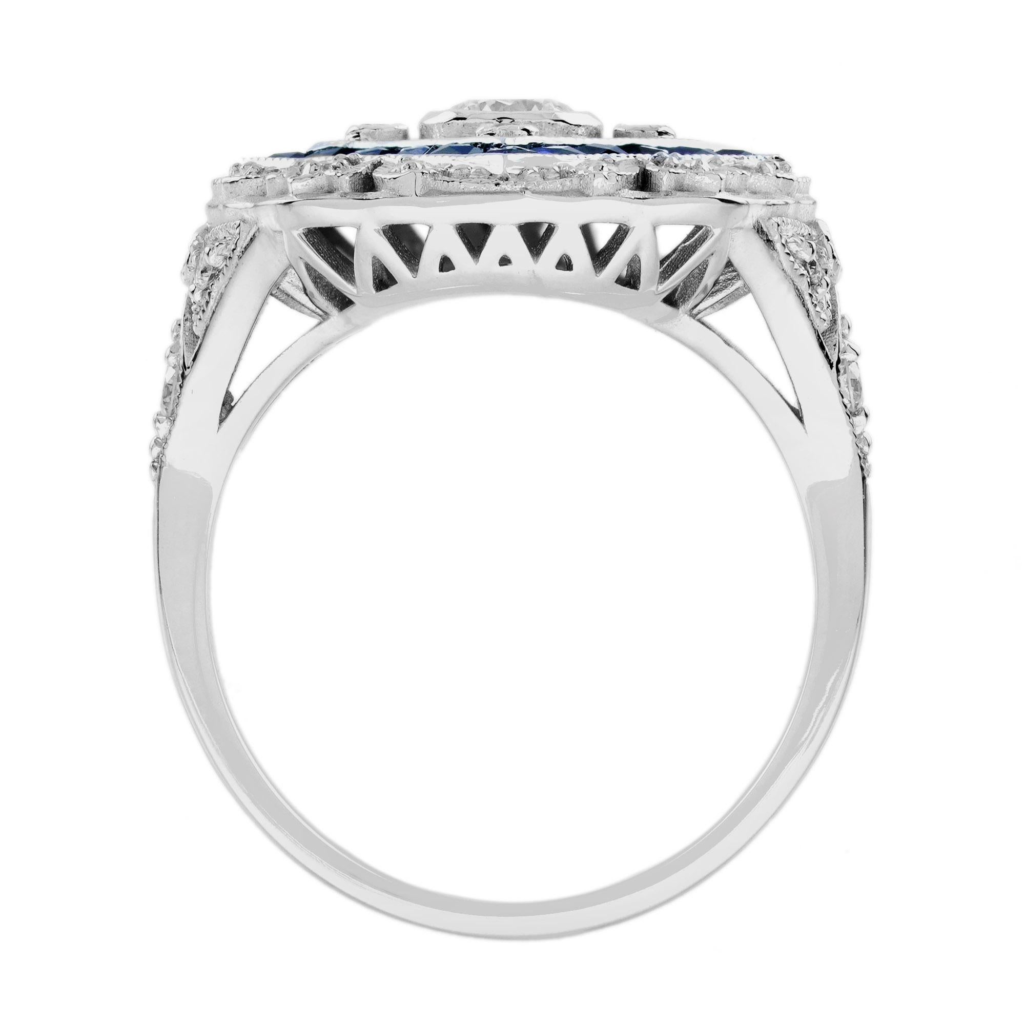 Diamant & Blauer Saphir Halo Art Deco inspiriert Stil 18K Weißgold Schild Ring im Zustand „Neu“ im Angebot in Oakton, VA