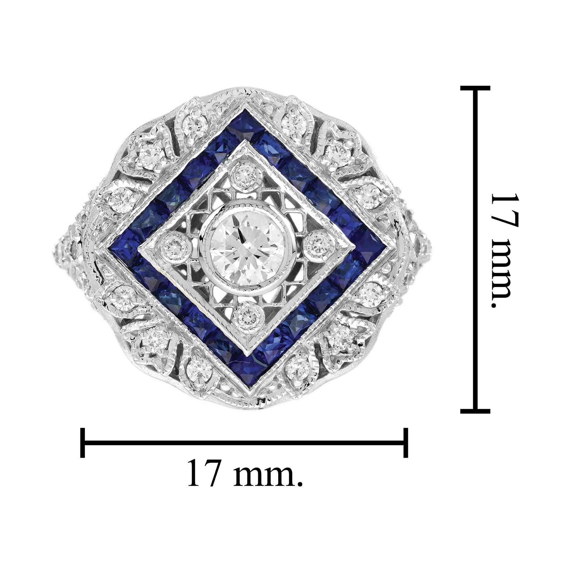 Diamant & Blauer Saphir Halo Art Deco inspiriert Stil 18K Weißgold Schild Ring im Angebot 3