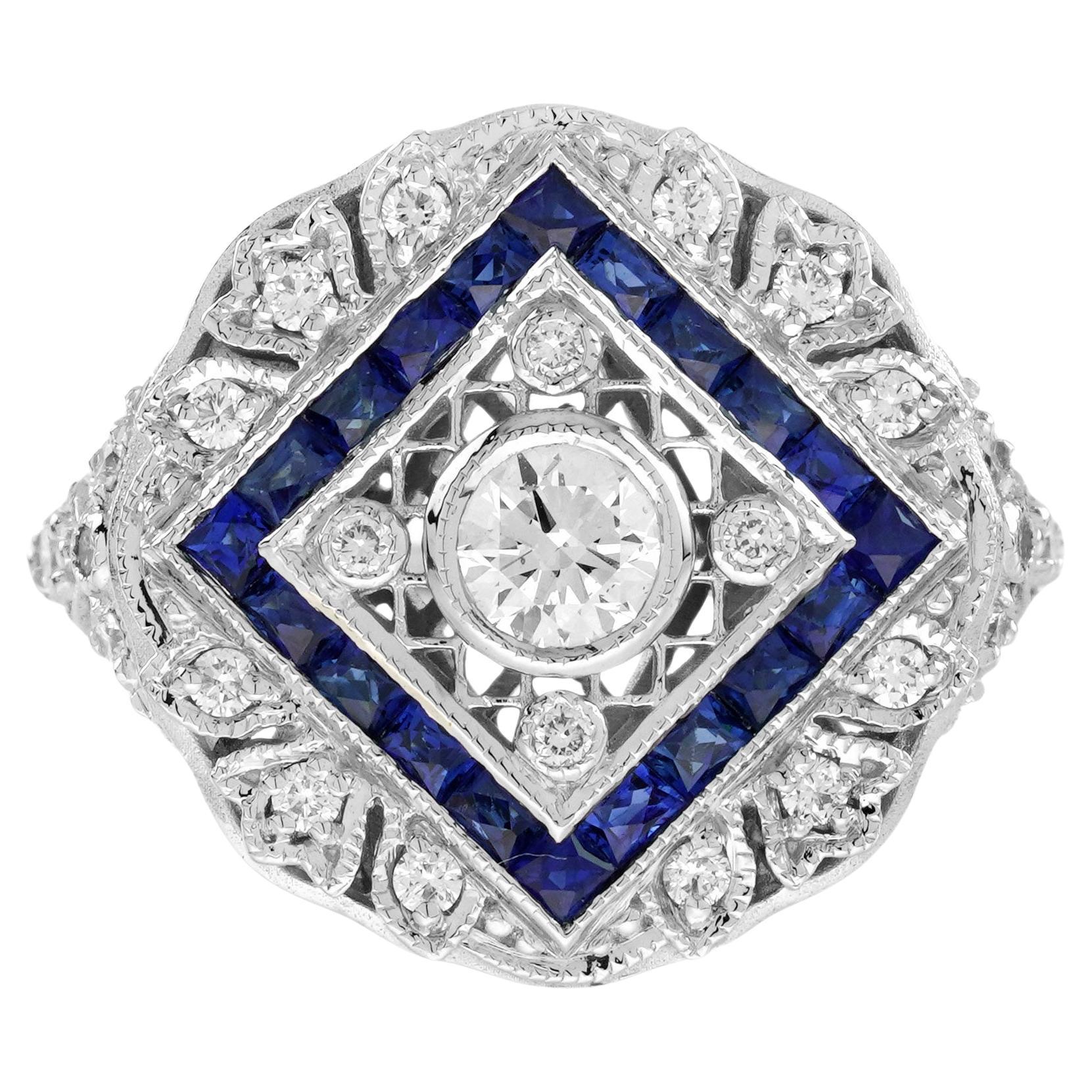 Diamond & Blue Sapphire Halo Art Deco Inspired Style 18K White Gold Shield Ring