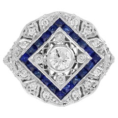 Diamond & Blue Sapphire Halo Art Deco Inspired Style 18K White Gold Shield Ring