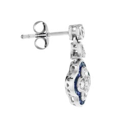 Diamond & Blue Sapphire Halo Art Deco Style Clover Cluster White Gold Earrings