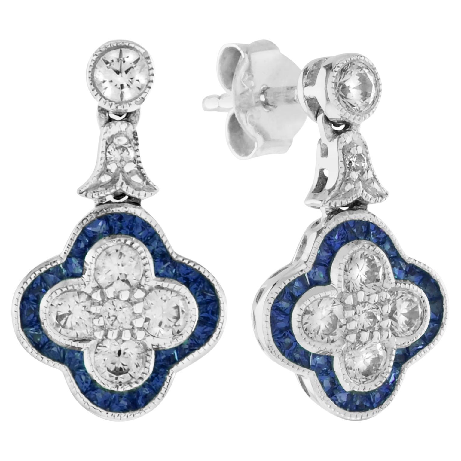 Diamond & Blue Sapphire Halo Art Deco Style Clover Cluster White Gold Earrings For Sale