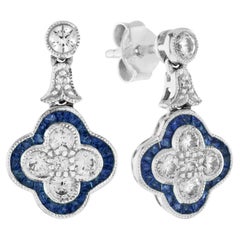 Diamond & Blue Sapphire Halo Art Deco Style Clover Cluster White Gold Earrings
