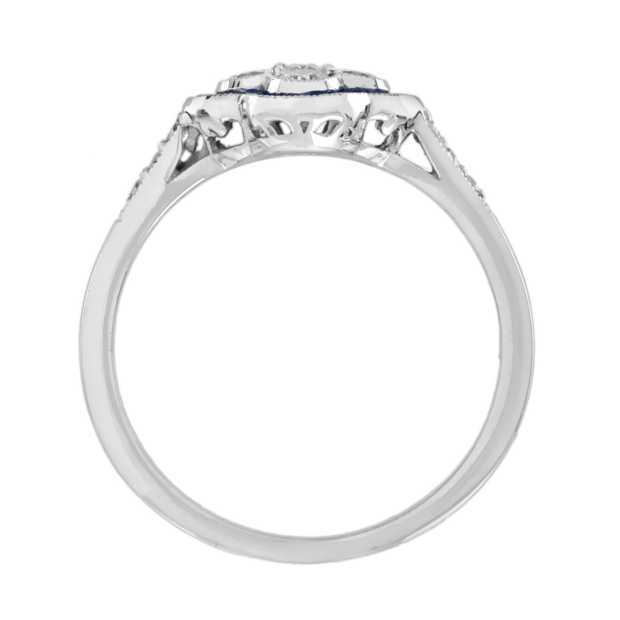 Bague en or ornée d'un halo de diamants et de saphirs bleus, style Art déco, motif floral à quatre trèfles Pour femmes en vente