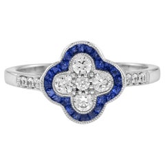 Diamond & Blue Sapphire Halo Art Deco Style Floral Four Clover Motif Gold Ring