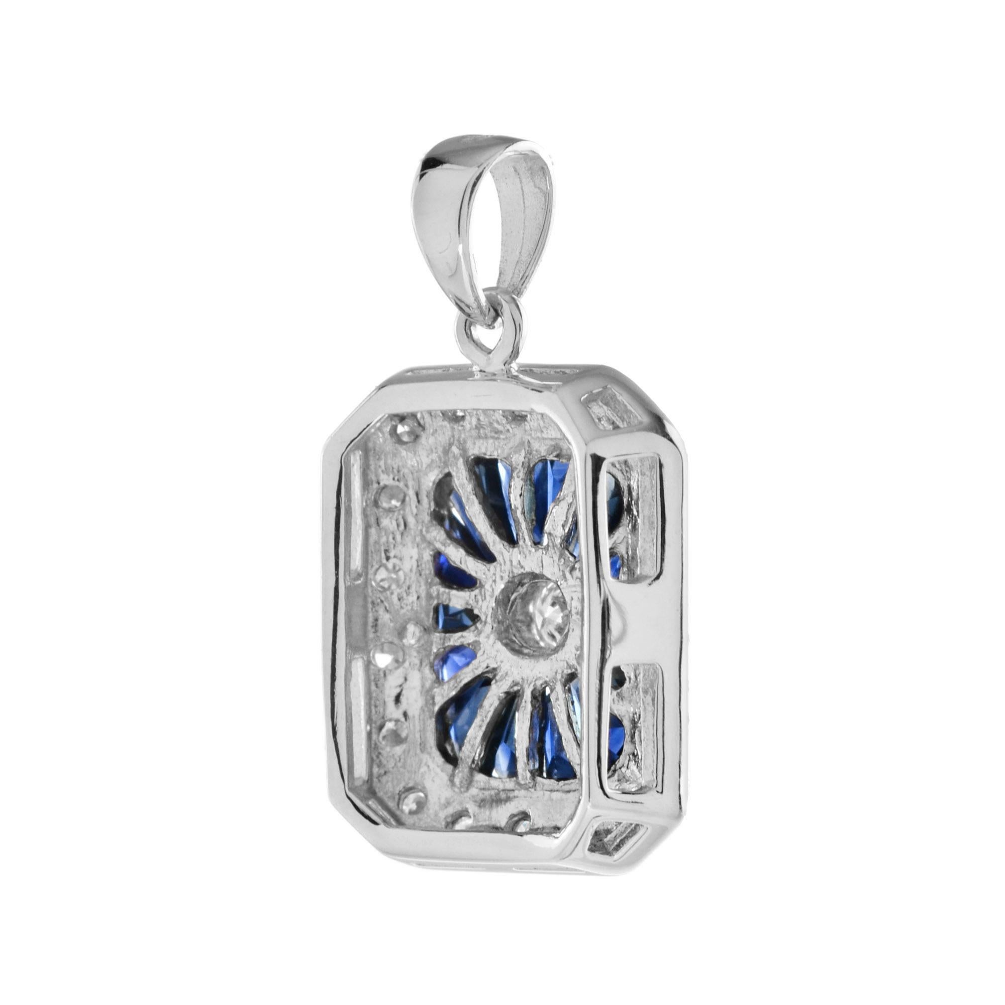 Art déco Pendentif en or blanc 14K serti de diamants et de saphirs bleus, style Art Déco, octogone en vente