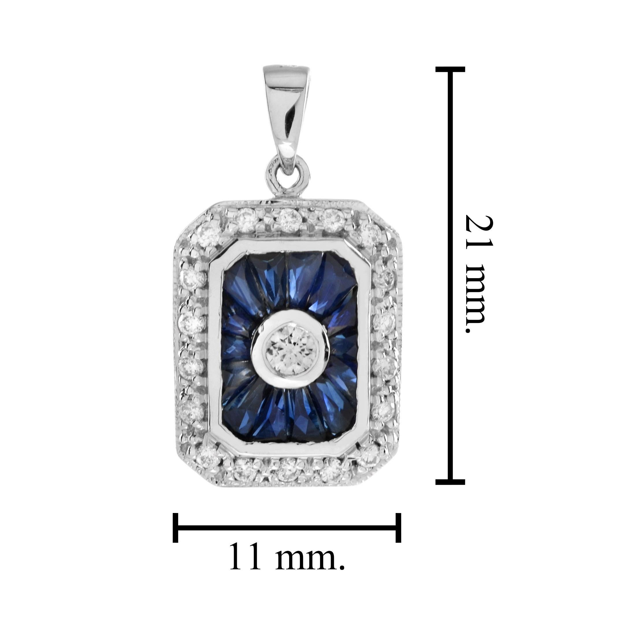 Taille ronde Pendentif en or blanc 14K serti de diamants et de saphirs bleus, style Art Déco, octogone en vente