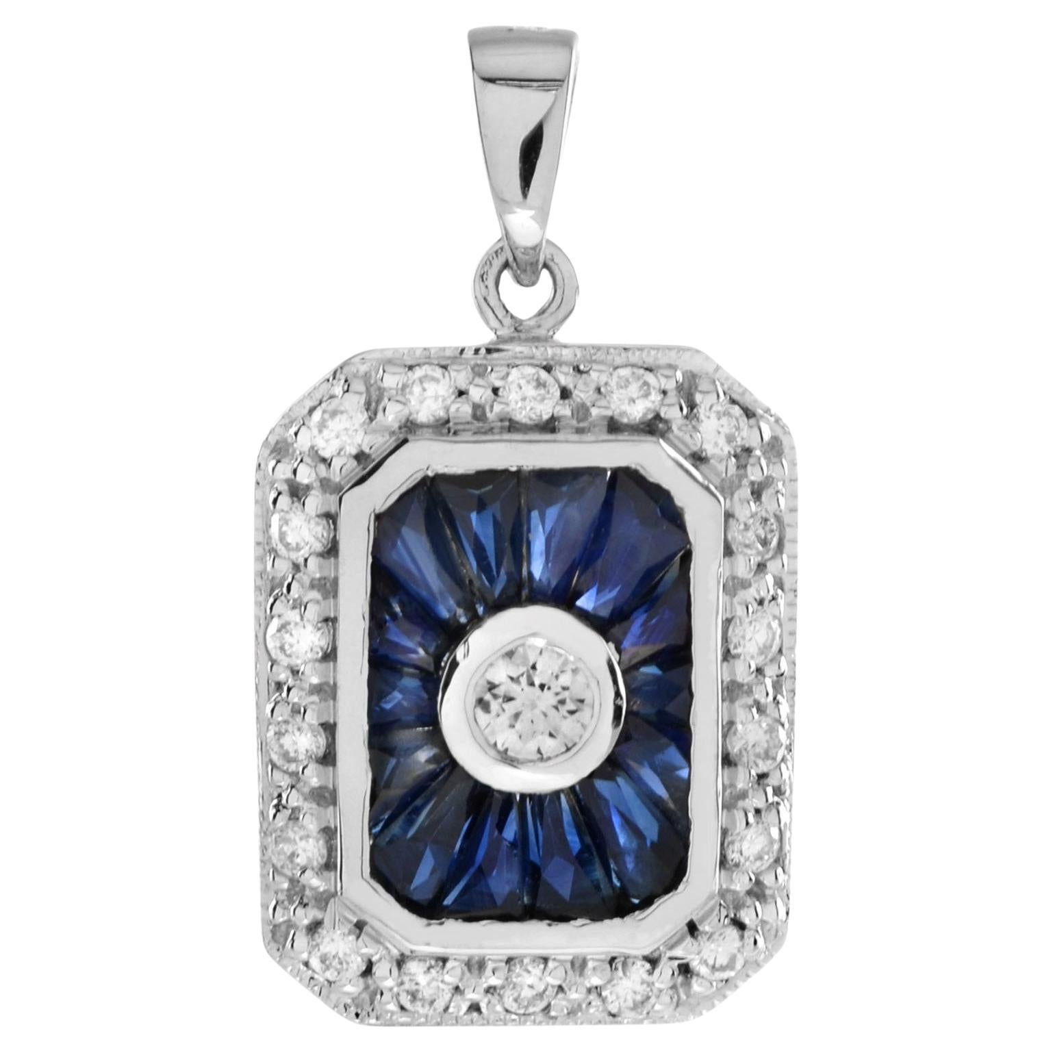 Pendentif en or blanc 14K serti de diamants et de saphirs bleus, style Art Déco, octogone