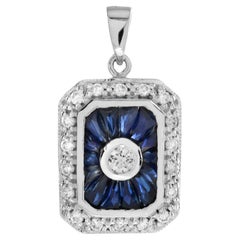 Pendentif en or blanc 14K serti de diamants et de saphirs bleus, style Art Déco, octogone