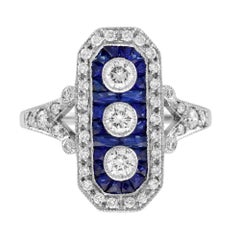 Diamond & Blue Sapphire Halo Set Art Deco Style Three Stone 14K White Gold Ring