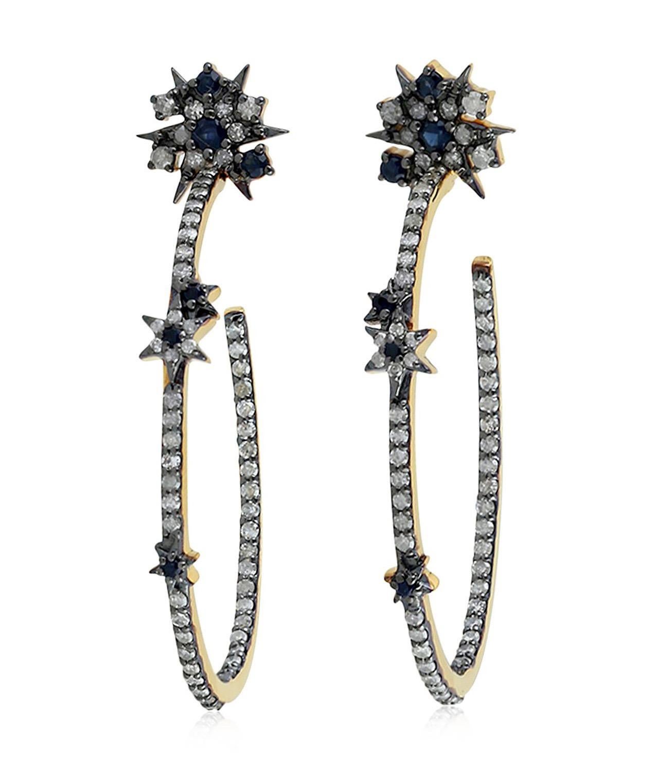 Mixed Cut Diamond Blue Sapphire Hoop Earrings For Sale