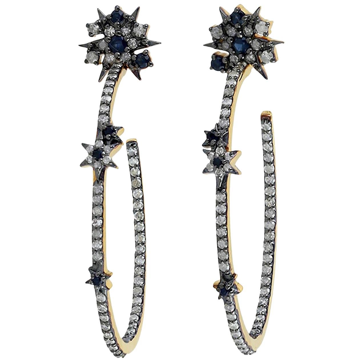 Diamond Blue Sapphire Hoop Earrings For Sale