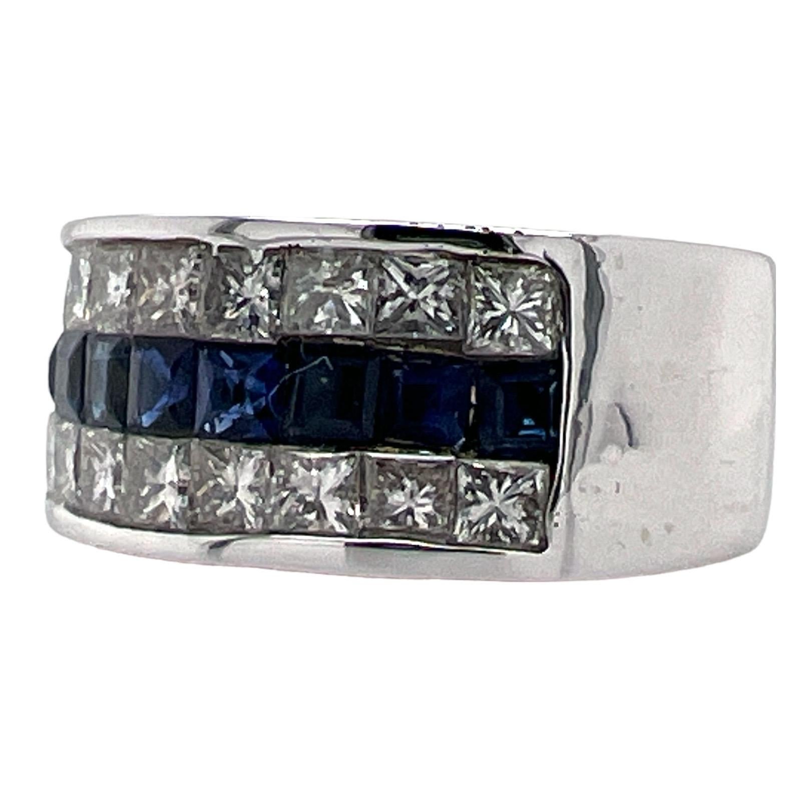 Modern Diamond Blue Sapphire Invisibly Set White Gold Wide Band Ring