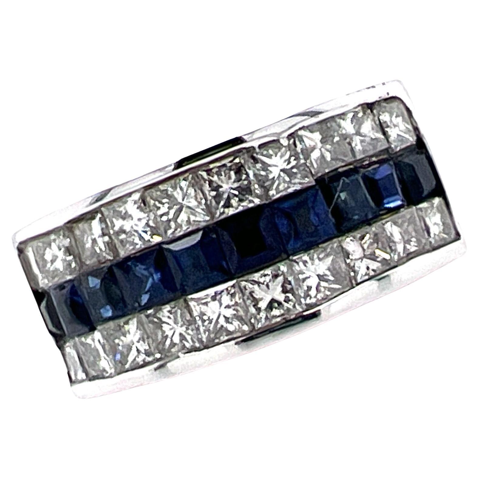 Diamond Blue Sapphire Invisibly Set White Gold Wide Band Ring