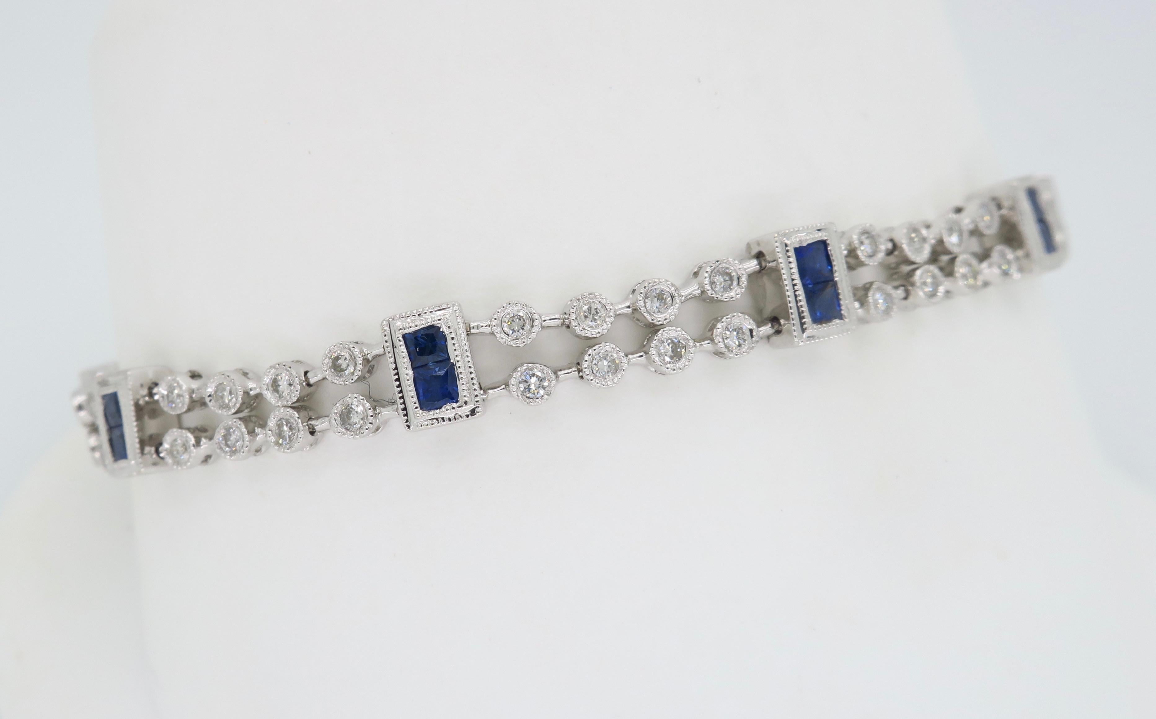 Diamond and Blue Sapphire Link Bracelet in 18 Karat White Gold In New Condition In Webster, NY