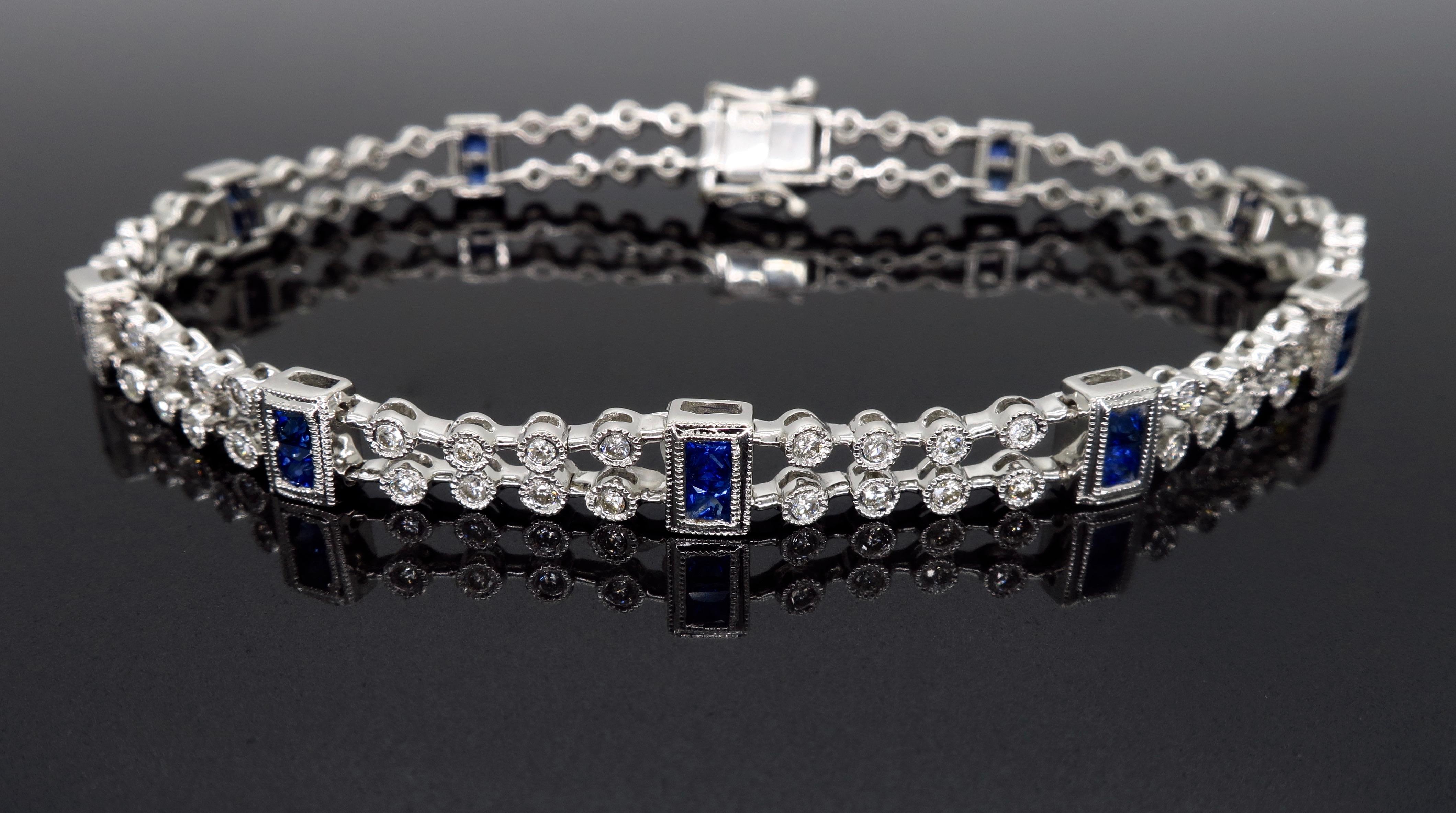 Women's or Men's Diamond and Blue Sapphire Link Bracelet in 18 Karat White Gold