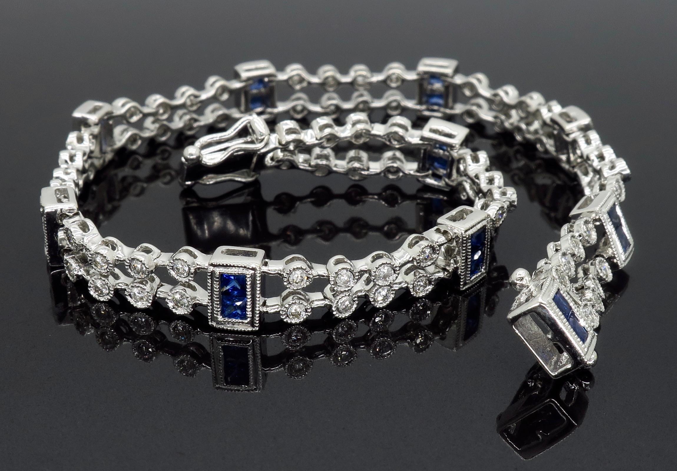 Diamond and Blue Sapphire Link Bracelet in 18 Karat White Gold 3