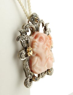Diamonds, Sapphires , Engraved Face on Coral, Rose Gold/Silver Pendant/Brooch