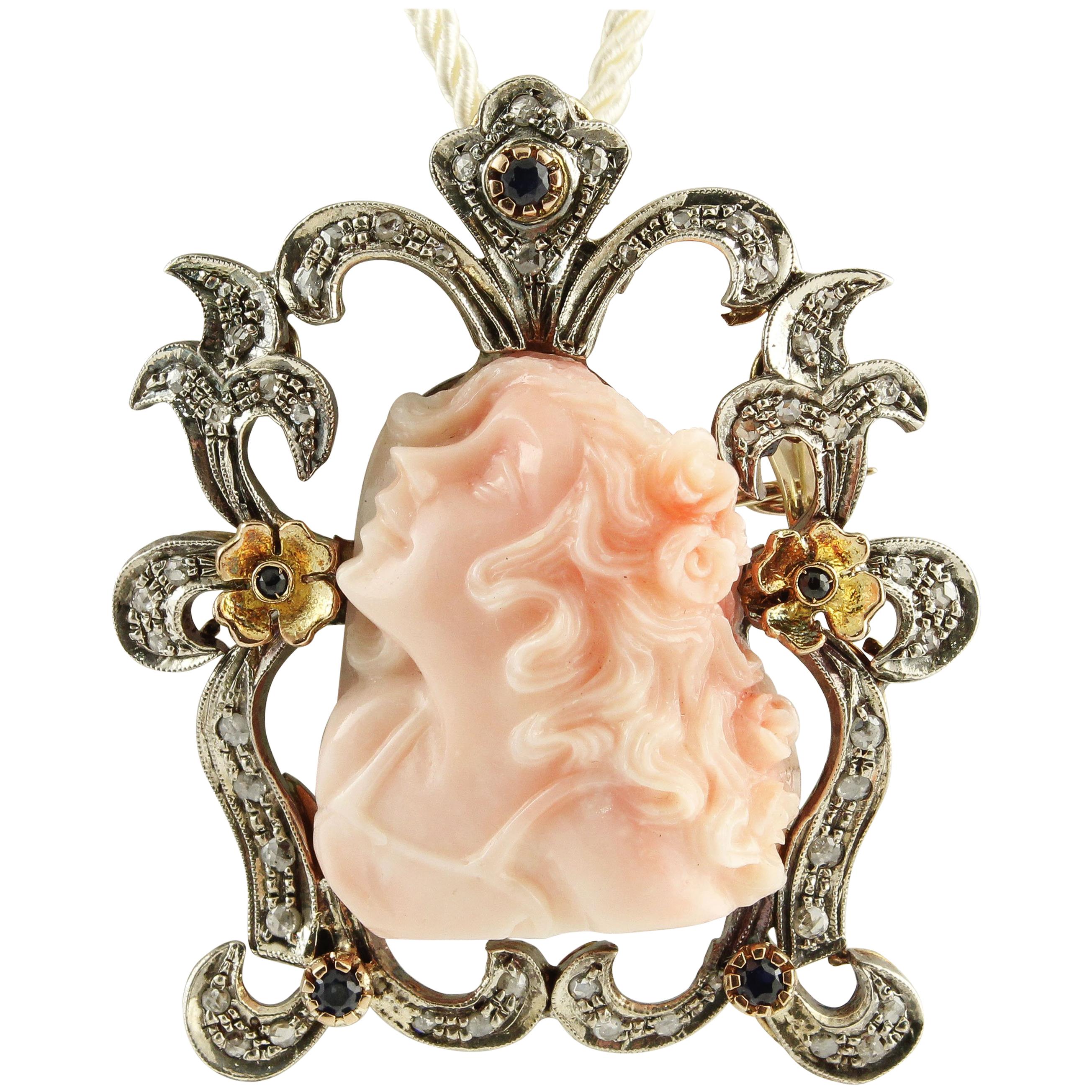 Diamonds, Sapphires , Engraved Face on Coral, Rose Gold/Silver Pendant/Brooch For Sale