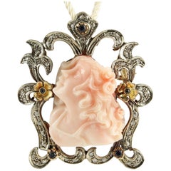 Diamonds, Sapphires , Engraved Face on Coral, Rose Gold/Silver Pendant/Brooch