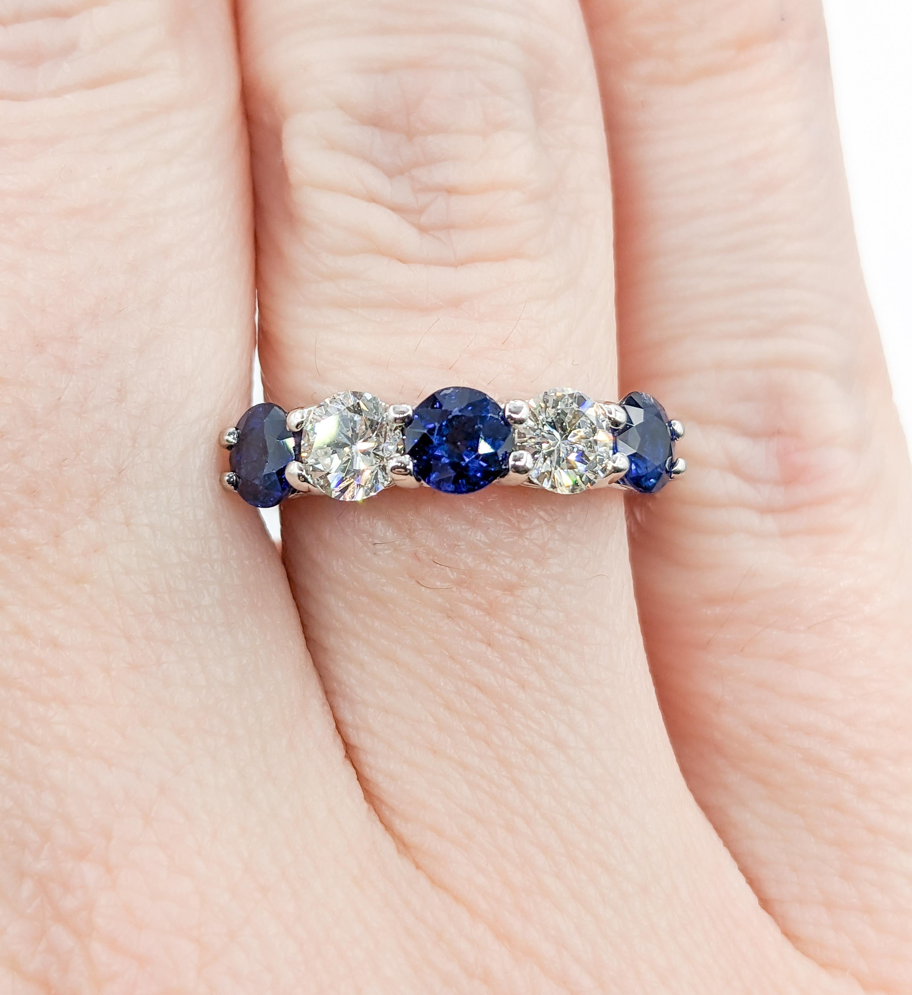 Round Cut Diamond & Blue Sapphire Ring in Platinum For Sale