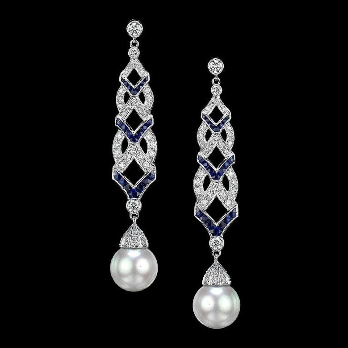 Art Deco South Sea Pearl with Sapphire and Diamond Drop Earrings in 18K White Gold For Sale