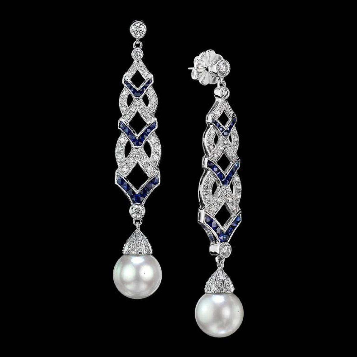 Round Cut South Sea Pearl with Sapphire and Diamond Drop Earrings in 18K White Gold For Sale